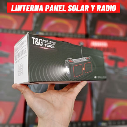 Linterna recargable con panel solar y radio FM 500m de distancia